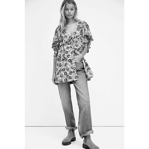 NEW FREE PEOPLE Sz XS CHARLIE PRINTED BUTTONDOWN TUNIC TOP MINI DRESS IN BLACK - Picture 2 of 4